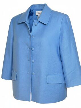 Talbots Women's Size 12P Blue Blazer Irish Linen Cropped Button Up Jacket Lined